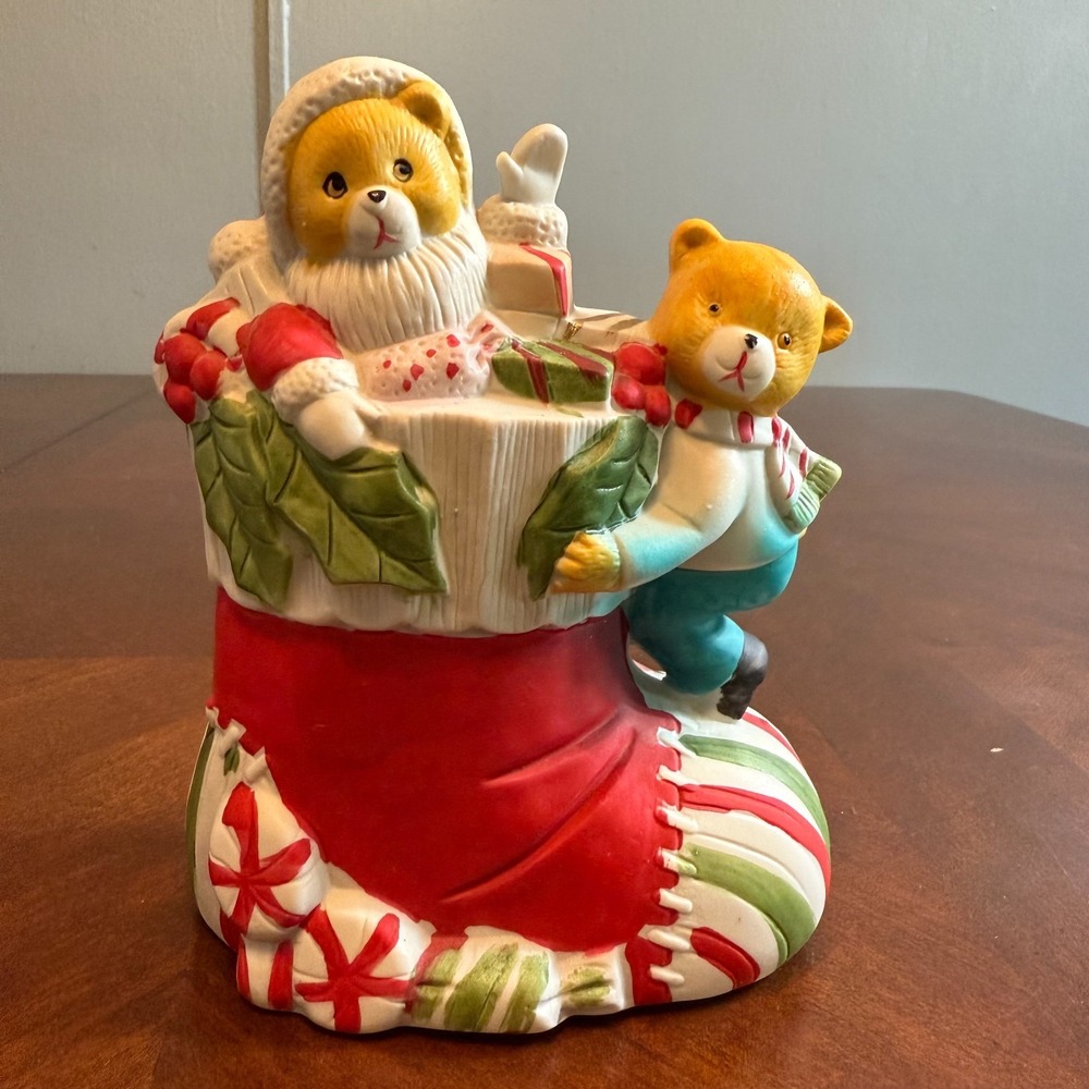 Vintage 1980s Christmas Bear Santa Stocking Figurine 7" Ceramic Holiday Decor
